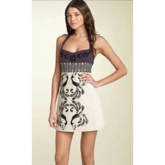 Vintage Y2K Free People Empire Waist Beaded Velvet Peacock A-Line Mini Dress - Picture 4 of 14